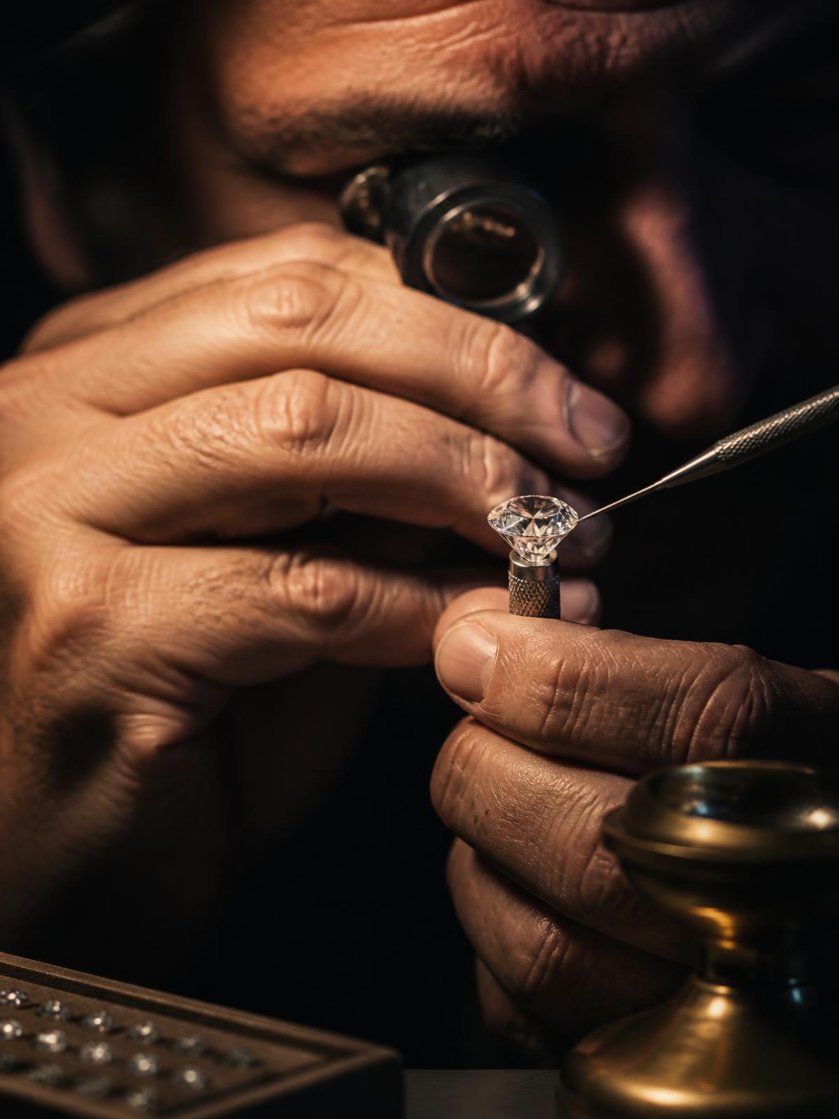Master diamond artisan inspecting a brilliant diamond under warm studio lighting